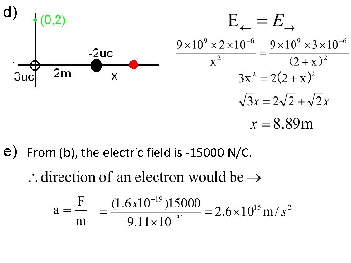 d) e) From (b), the electric field is -15000 N/C. 
