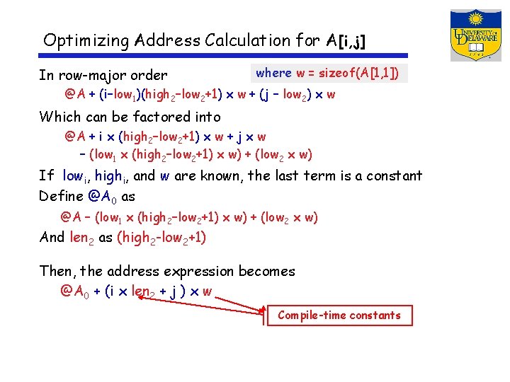 Optimizing Address Calculation for A[i, j] In row-major order where w = sizeof(A[1, 1])