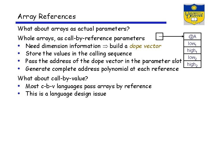 Array References What about arrays as actual parameters? Whole arrays, as call-by-reference parameters •