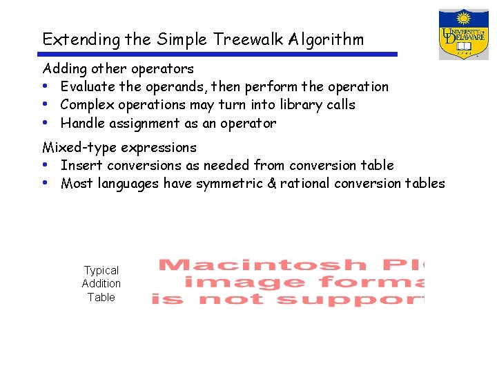 Extending the Simple Treewalk Algorithm Adding other operators • Evaluate the operands, then perform