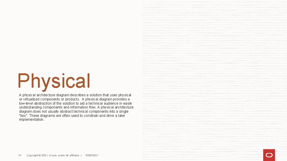 Physical A physical architecture diagram describes a solution that uses physical or virtualized components