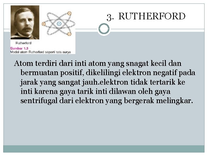 3. RUTHERFORD Atom terdiri dari inti atom yang snagat kecil dan bermuatan positif, dikelilingi
