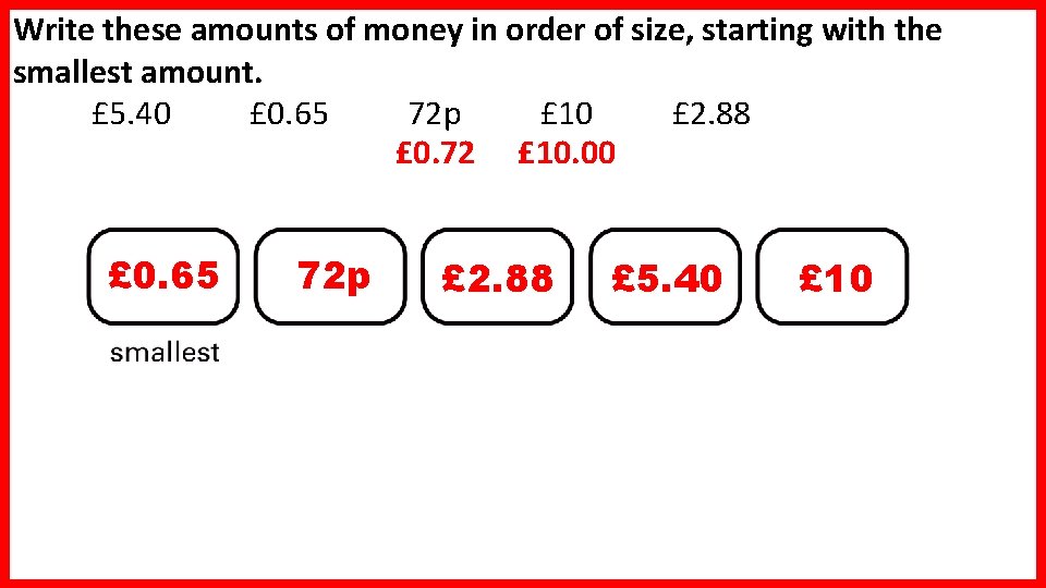 Write these amounts of money in order of size, starting with the smallest amount.