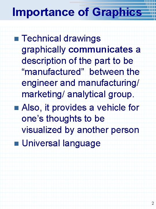 Importance of Graphics Technical drawings graphically communicates a description of the part to be