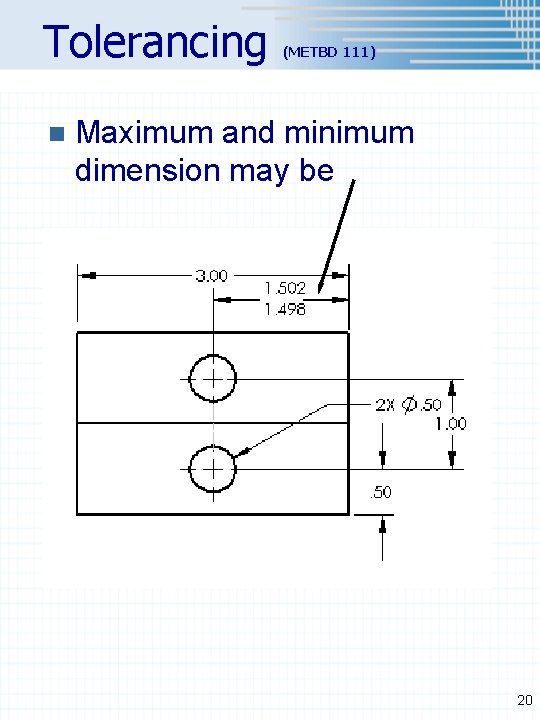 Tolerancing n (METBD 111) Maximum and minimum dimension may be 20 