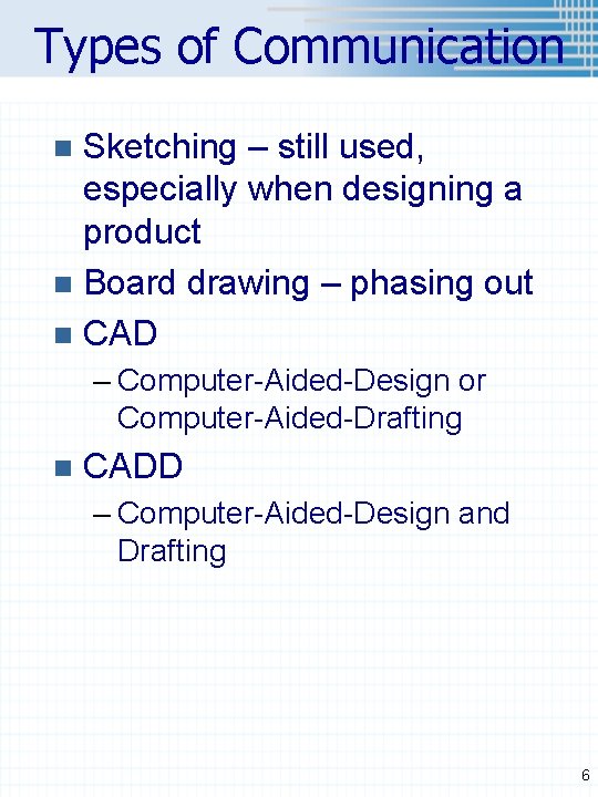 Types of Communication Sketching – still used, especially when designing a product n Board