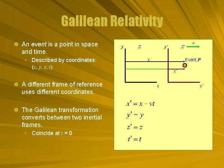 Galilean Relativity ] An event is a point in space and time. • Described