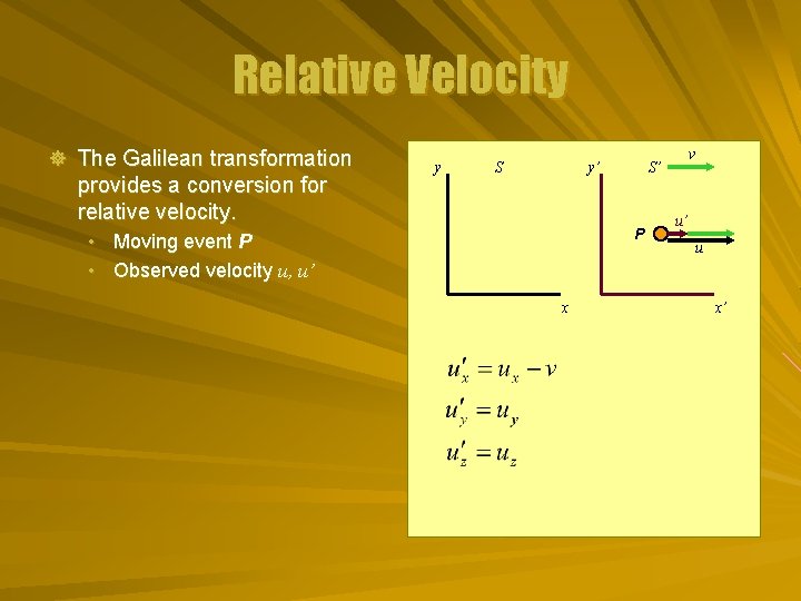 Relative Velocity ] The Galilean transformation provides a conversion for relative velocity. y S