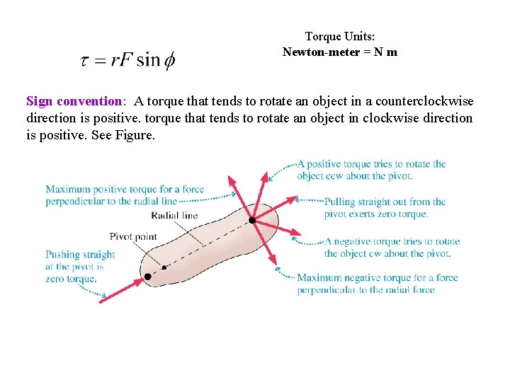 Torque Units: Newton-meter = N m Sign convention: A torque that tends to rotate