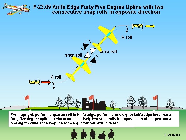 F-23. 09 Knife Edge Forty Five Degree Upline with two consecutive snap rolls in