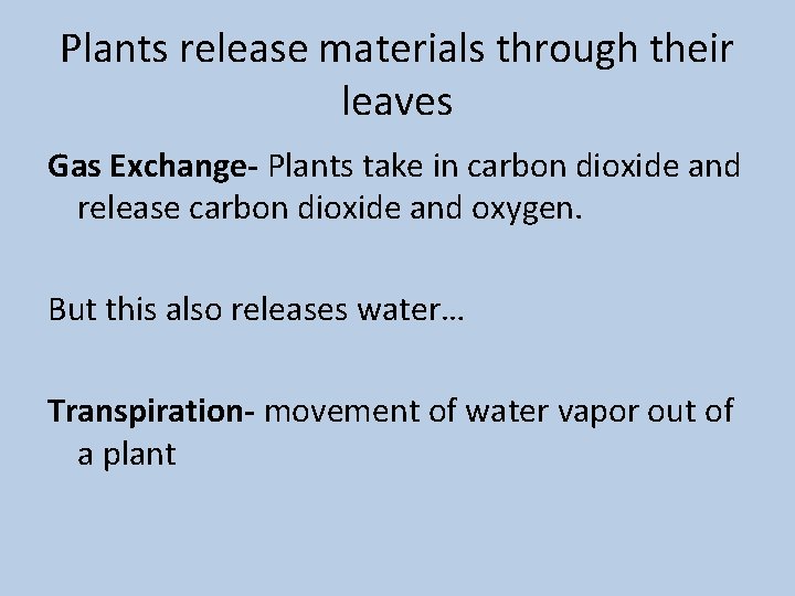 Plants release materials through their leaves Gas Exchange- Plants take in carbon dioxide and