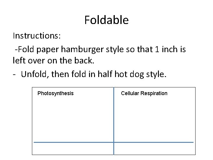 Foldable Instructions: -Fold paper hamburger style so that 1 inch is left over on