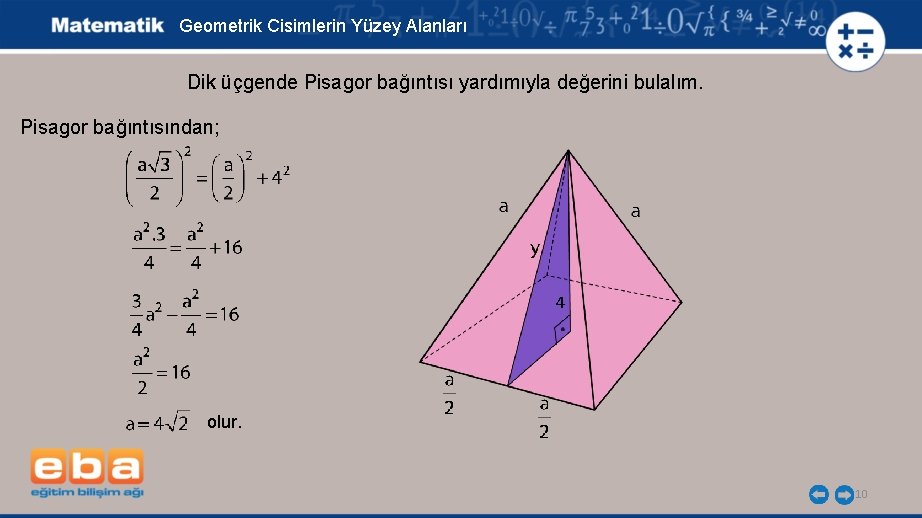 Geometrik Cisimlerin Yüzey Alanları Dik üçgende Pisagor bağıntısı yardımıyla değerini bulalım. Pisagor bağıntısından; 4