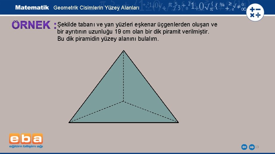 Geometrik Cisimlerin Yüzey Alanları Şekilde tabanı ve yan yüzleri eşkenar üçgenlerden oluşan ve bir