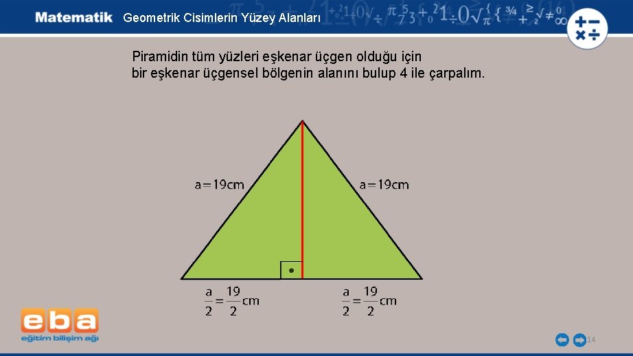 Geometrik Cisimlerin Yüzey Alanları Piramidin tüm yüzleri eşkenar üçgen olduğu için bir eşkenar üçgensel