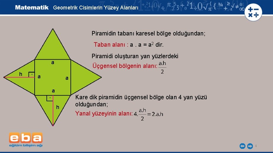 Geometrik Cisimlerin Yüzey Alanları Piramidin tabanı karesel bölge olduğundan; Taban alanı : a. a