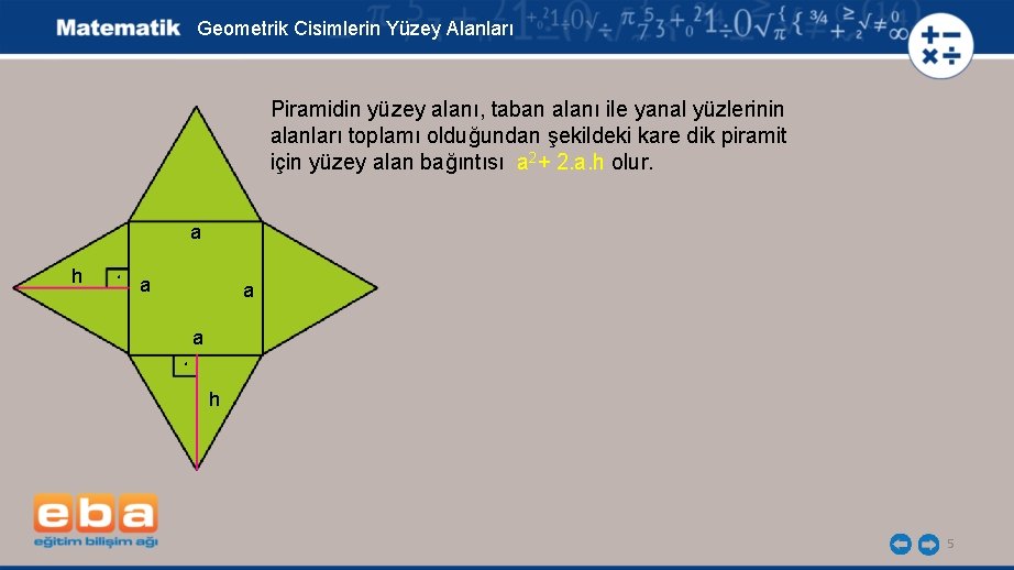 Geometrik Cisimlerin Yüzey Alanları Piramidin yüzey alanı, taban alanı ile yanal yüzlerinin alanları toplamı