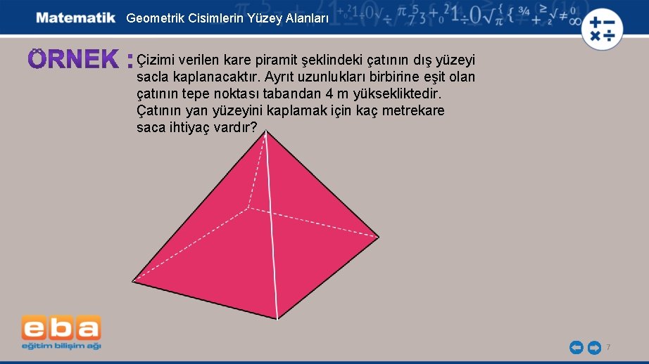 Geometrik Cisimlerin Yüzey Alanları Çizimi verilen kare piramit şeklindeki çatının dış yüzeyi sacla kaplanacaktır.