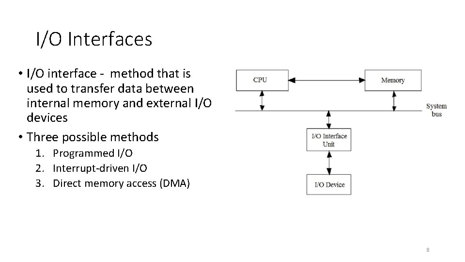 I/O Interfaces • I/O interface - method that is used to transfer data between