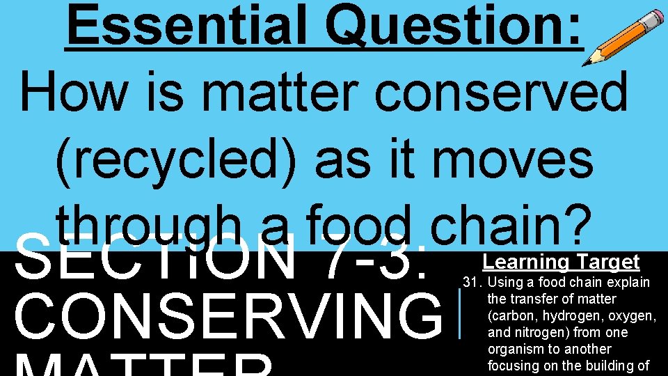 Essential Question: How is matter conserved (recycled) as it moves through a food chain? Essential Question: How is matter conserved (recycled) as it moves through a food chain?