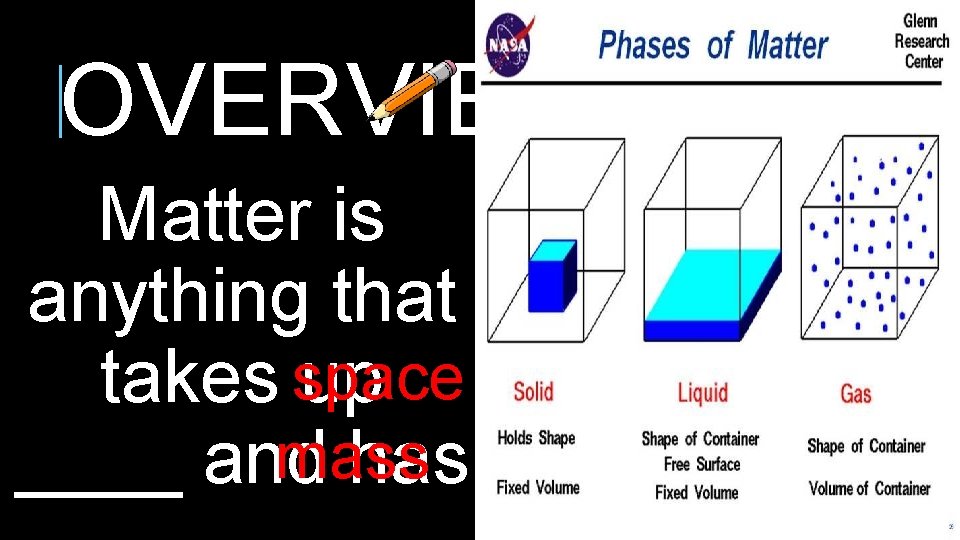 OVERVIEW Matter is anything that takes space up mass ____ and has OVERVIEW Matter is anything that takes space up mass ____ and has