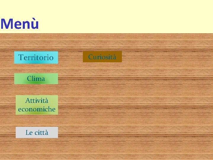 Menù Territorio Clima Attività economiche Le città Curiosità Menù Territorio Clima Attività economiche Le città Curiosità