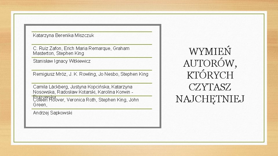 Katarzyna Berenika Miszczuk C. Ruiz Zafon, Erich Maria Remarque, Graham Masterton, Stephen King Stanisław