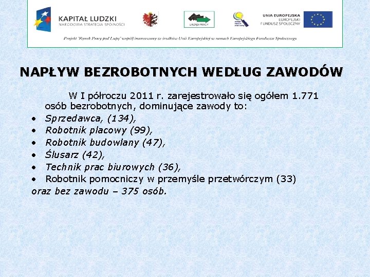 NAPŁYW BEZROBOTNYCH WEDŁUG ZAWODÓW W I półroczu 2011 r. zarejestrowało się ogółem 1. 771