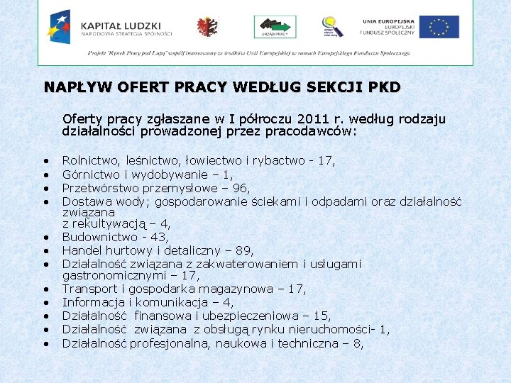 NAPŁYW OFERT PRACY WEDŁUG SEKCJI PKD Oferty pracy zgłaszane w I półroczu 2011 r.