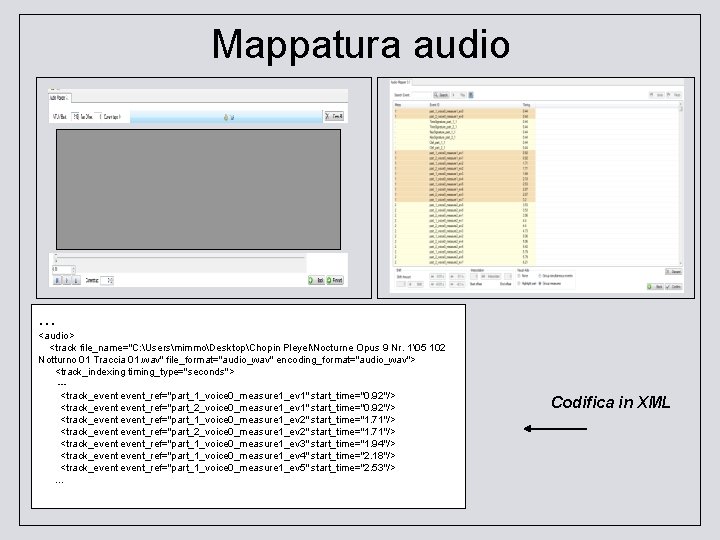 Mappatura audio … <audio> <track file_name="C: UsersmimmoDesktopChopin PleyelNocturne Opus 9 Nr. 1�5 102 Notturno