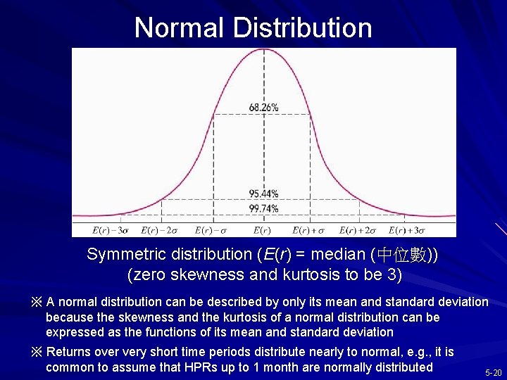Normal Distribution Symmetric distribution (E(r) = median (中位數)) (zero skewness and kurtosis to be