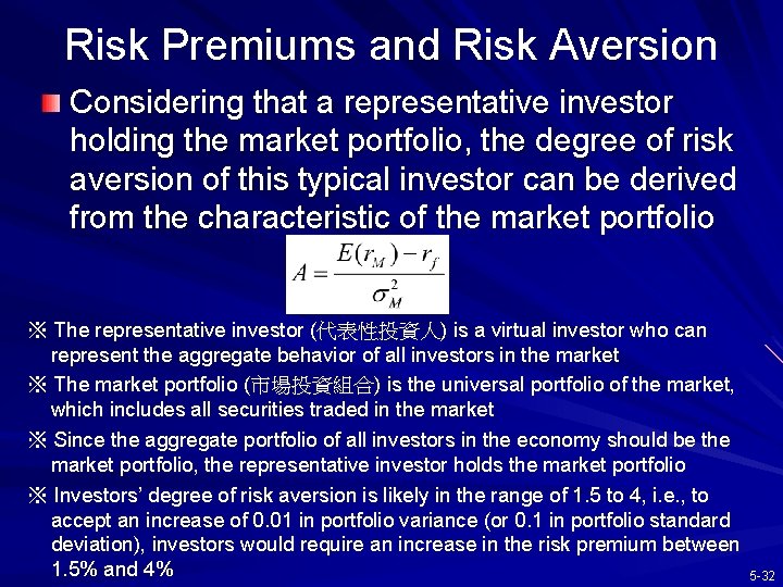 Risk Premiums and Risk Aversion Considering that a representative investor holding the market portfolio,