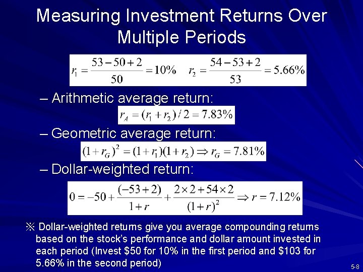 Measuring Investment Returns Over Multiple Periods – Arithmetic average return: – Geometric average return: