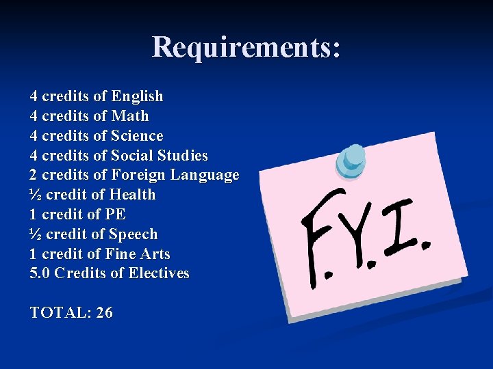 Requirements: 4 credits of English 4 credits of Math 4 credits of Science 4