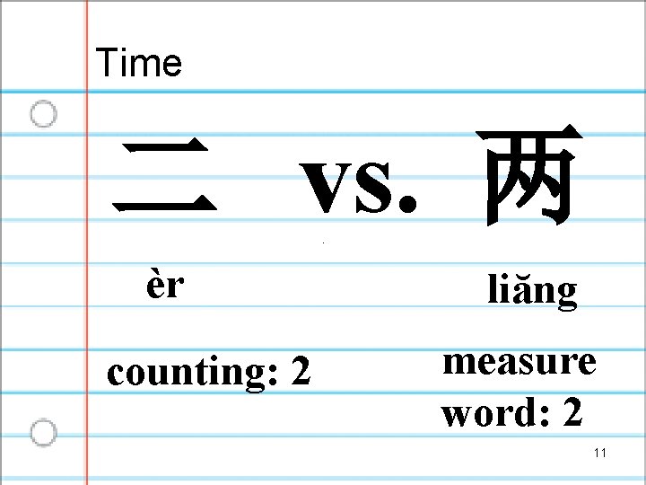 Time 二 vs. 两 èr counting: 2 liăng measure word: 2 11 