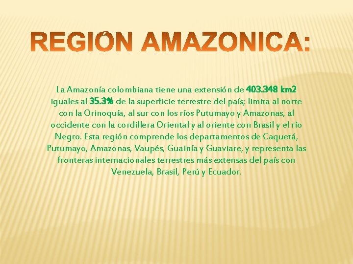 La Amazonía colombiana tiene una extensión de 403. 348 km 2 iguales al 35.