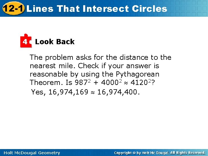 12 -1 Lines That Intersect Circles 4 Look Back The problem asks for the