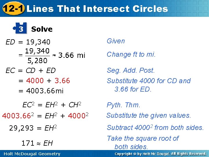 12 -1 Lines That Intersect Circles 3 Solve ED = 19, 340 Given Change