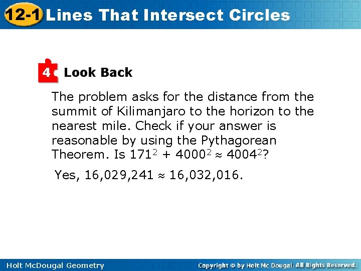 12 -1 Lines That Intersect Circles 4 Look Back The problem asks for the