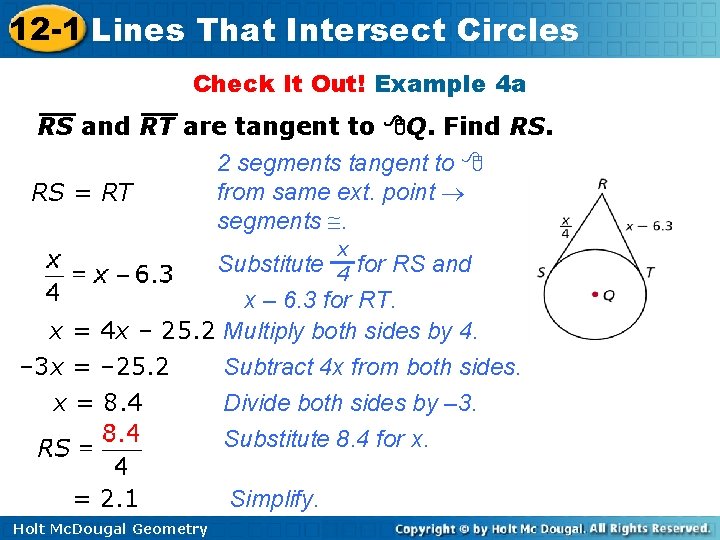 12 -1 Lines That Intersect Circles Check It Out! Example 4 a RS and