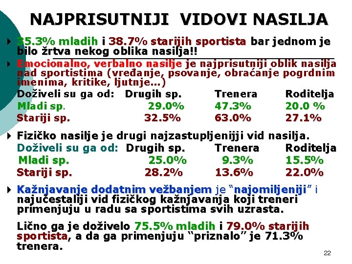 NAJPRISUTNIJI VIDOVI NASILJA 35. 3% mladih i 38. 7% starijih sportista bar jednom je