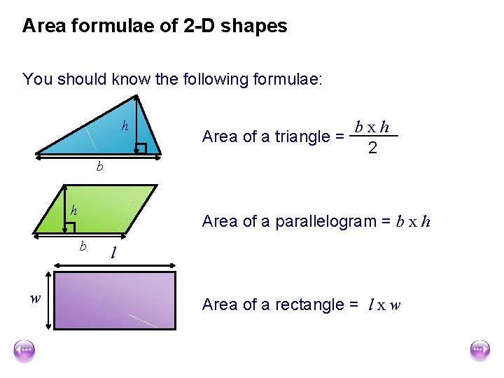 Area formulae of 2 -D shapes You should know the following formulae: h Area