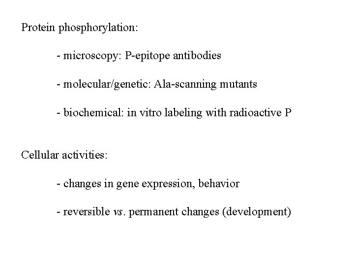 Protein phosphorylation: - microscopy: P-epitope antibodies - molecular/genetic: Ala-scanning mutants - biochemical: in vitro