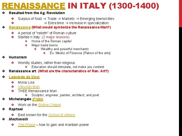 RENAISSANCE AND REFORMATION RENAISSANCE IN ITALY 1300 1400
