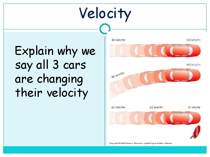 Velocity Explain why we say all 3 cars are changing their velocity 