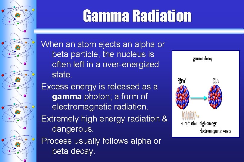 Gamma Radiation When an atom ejects an alpha or beta particle, the nucleus is