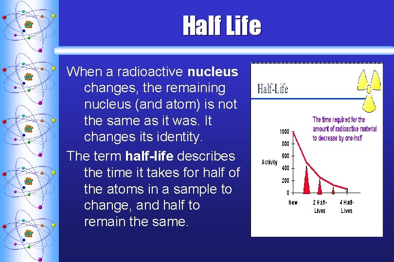 Half Life When a radioactive nucleus changes, the remaining nucleus (and atom) is not