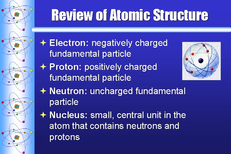Review of Atomic Structure ª Electron: negatively charged fundamental particle ª Proton: positively charged