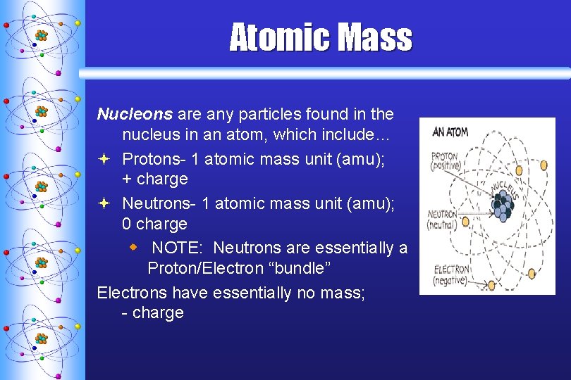 Atomic Mass Nucleons are any particles found in the nucleus in an atom, which
