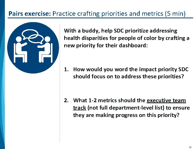 Pairs exercise: Practice crafting priorities and metrics (5 min) With a buddy, help SDC